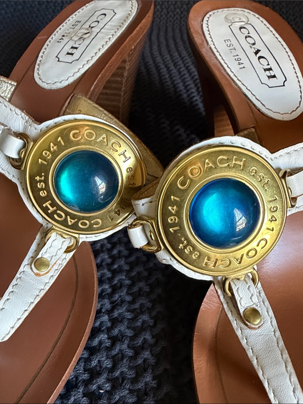 Coach Gold Leather Thong Sandals with Blue Medallion - Picture 2 of 7